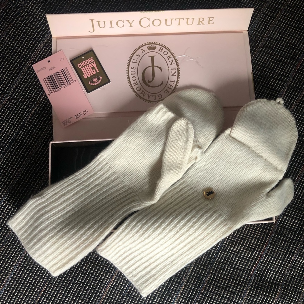Juicy Couture Ribbed Wool/Rabbit Mittens, Cream, w/ Box